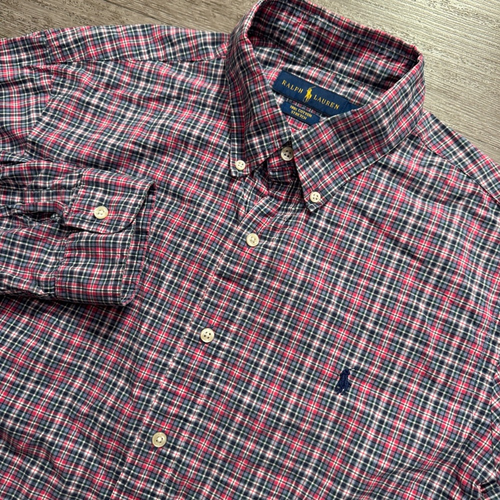 Ralph Lauren Shirt Mens Large Red Plaid Cotton Stretch Button Down Preppy Casual